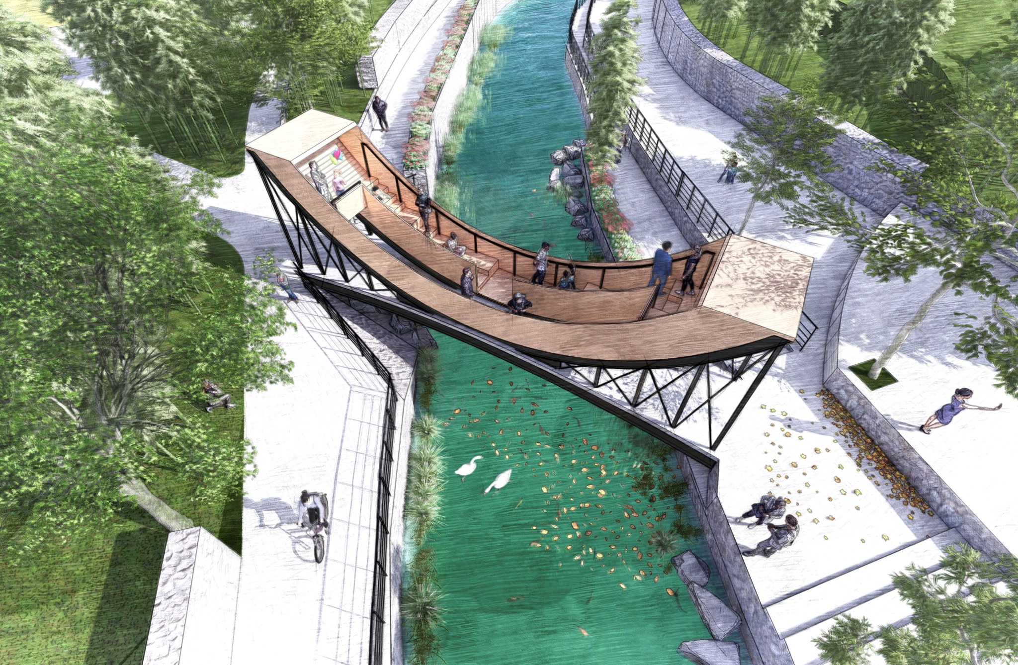 Opera Bridge — Aerial view of the crossing and riverbanks