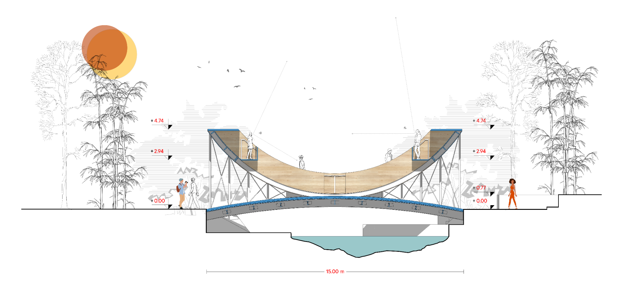 Opera Bridge — Long section: curved deck and river