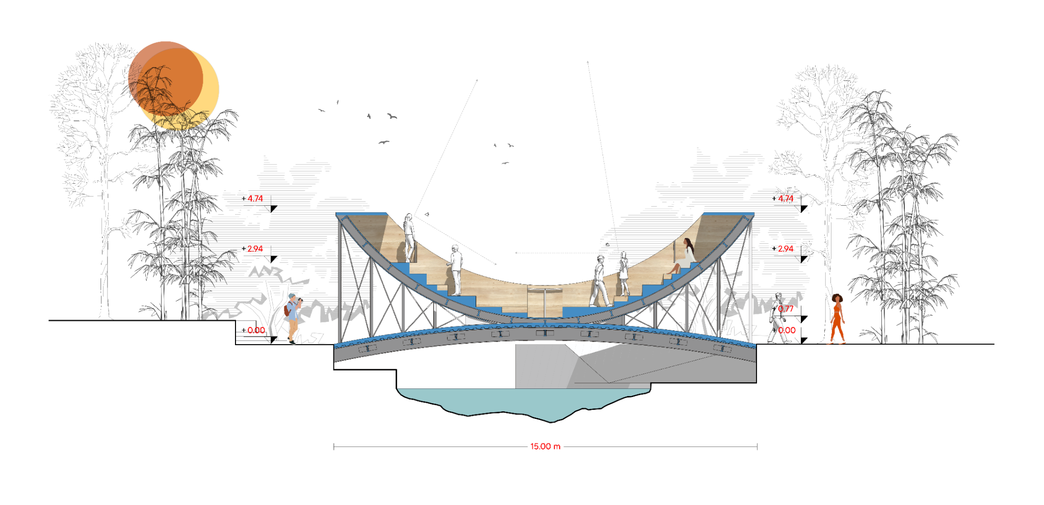 Opera Bridge — Long section through the deck and river
