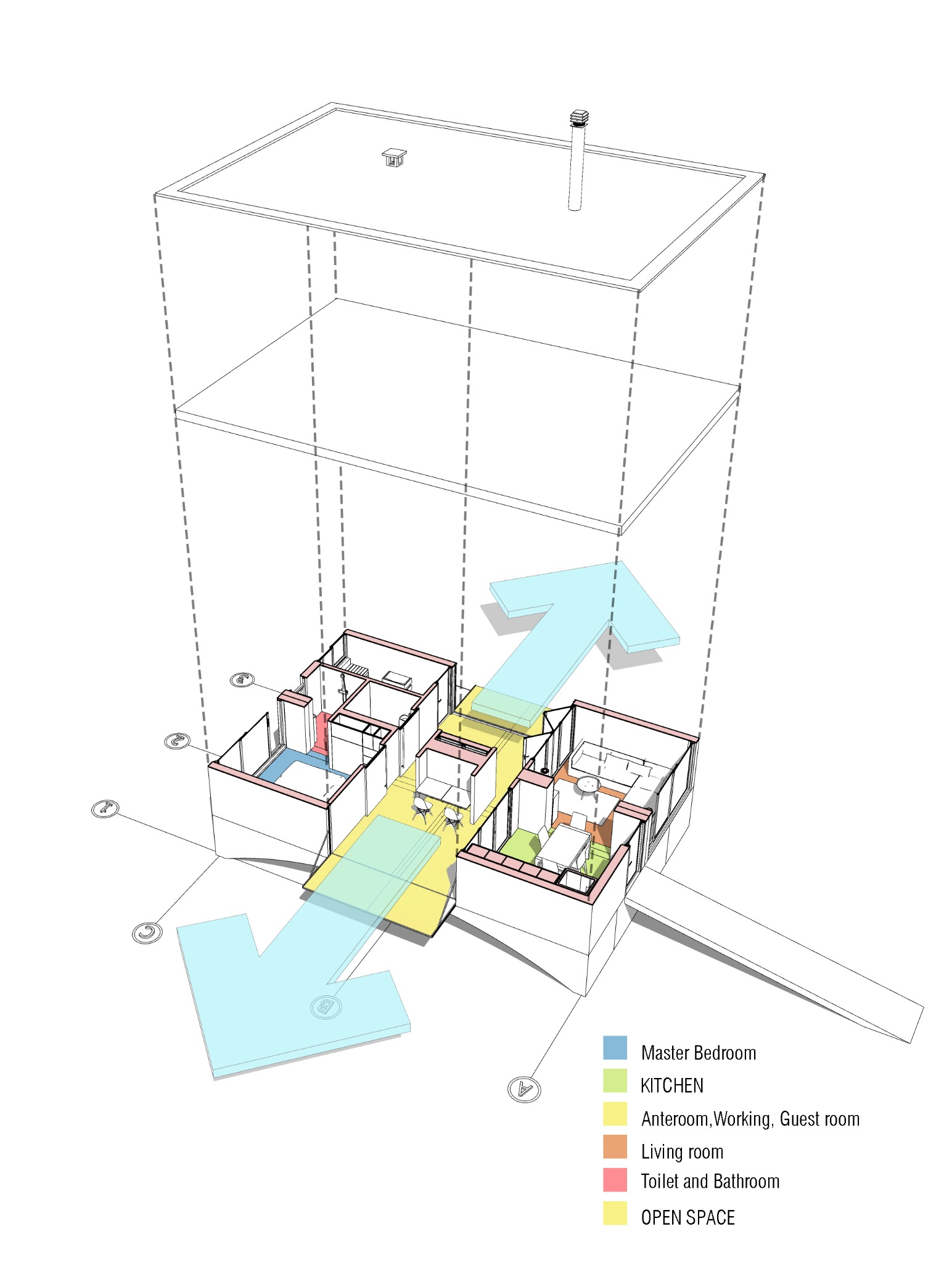 Bridge House — Exploded axonometric of the modular configuration