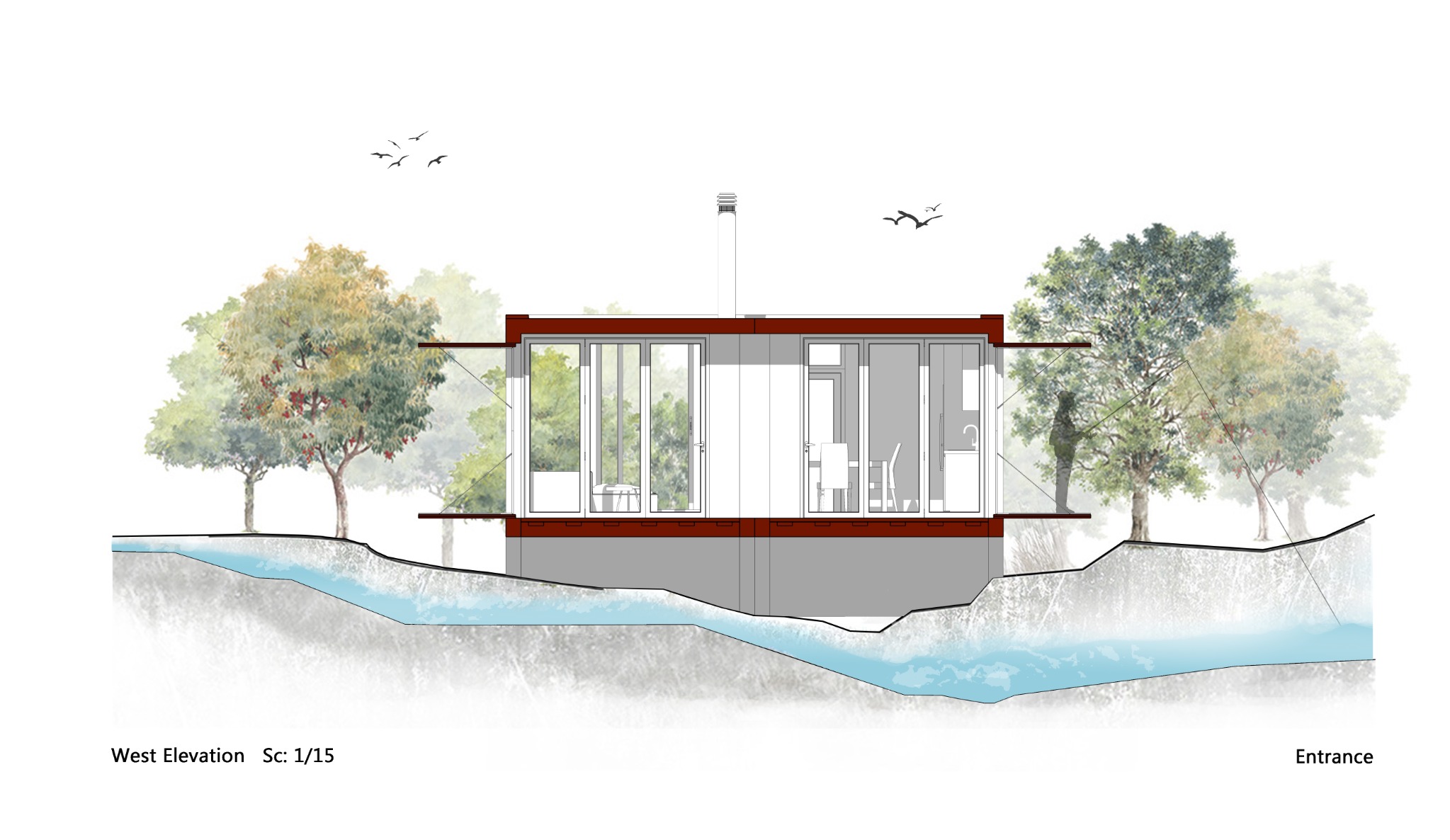Bridge House — Section: dwelling above the stream