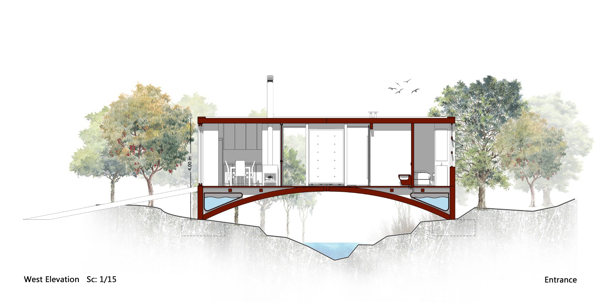 Bridge House — Section: raised floor and water storage
