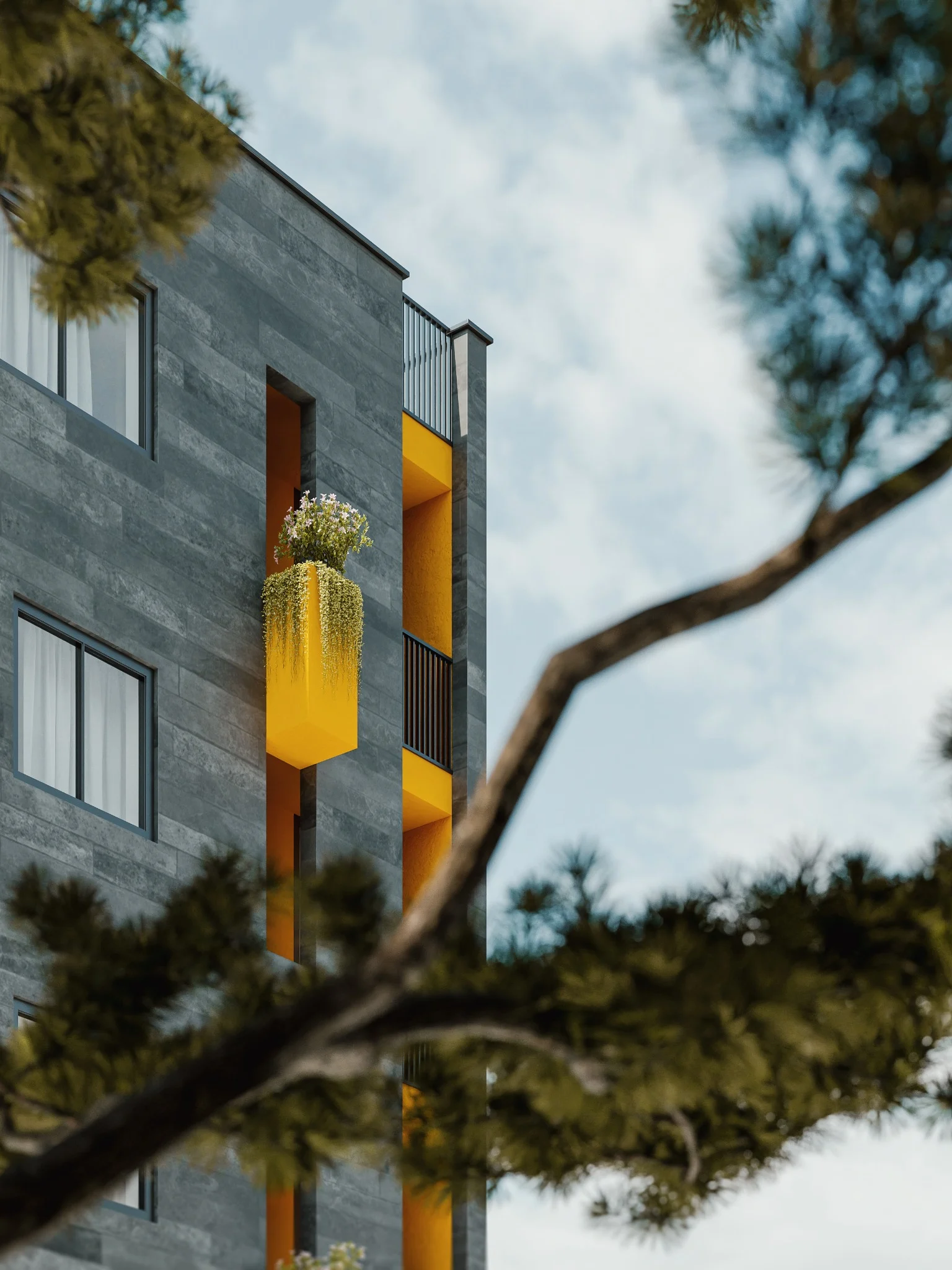 Shahrak Residential Building — Facade detail and planted balcony